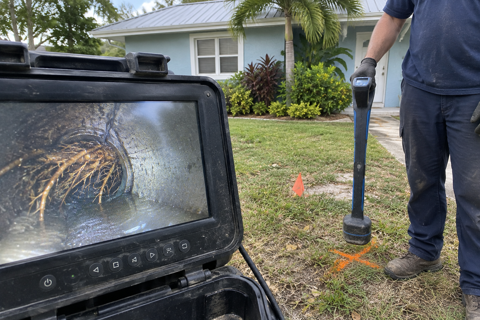 Inspection screen showing roots entering a sewer pipe joint while a locator marks the spot on the lawn above
