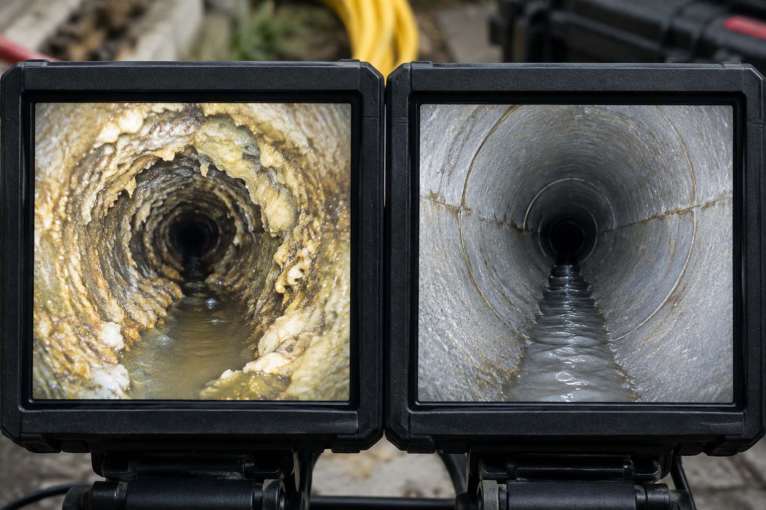 In-pipe camera screen showing a sewer line coated with heavy calcified buildup before hydro jetting and the same pipe clean afterward