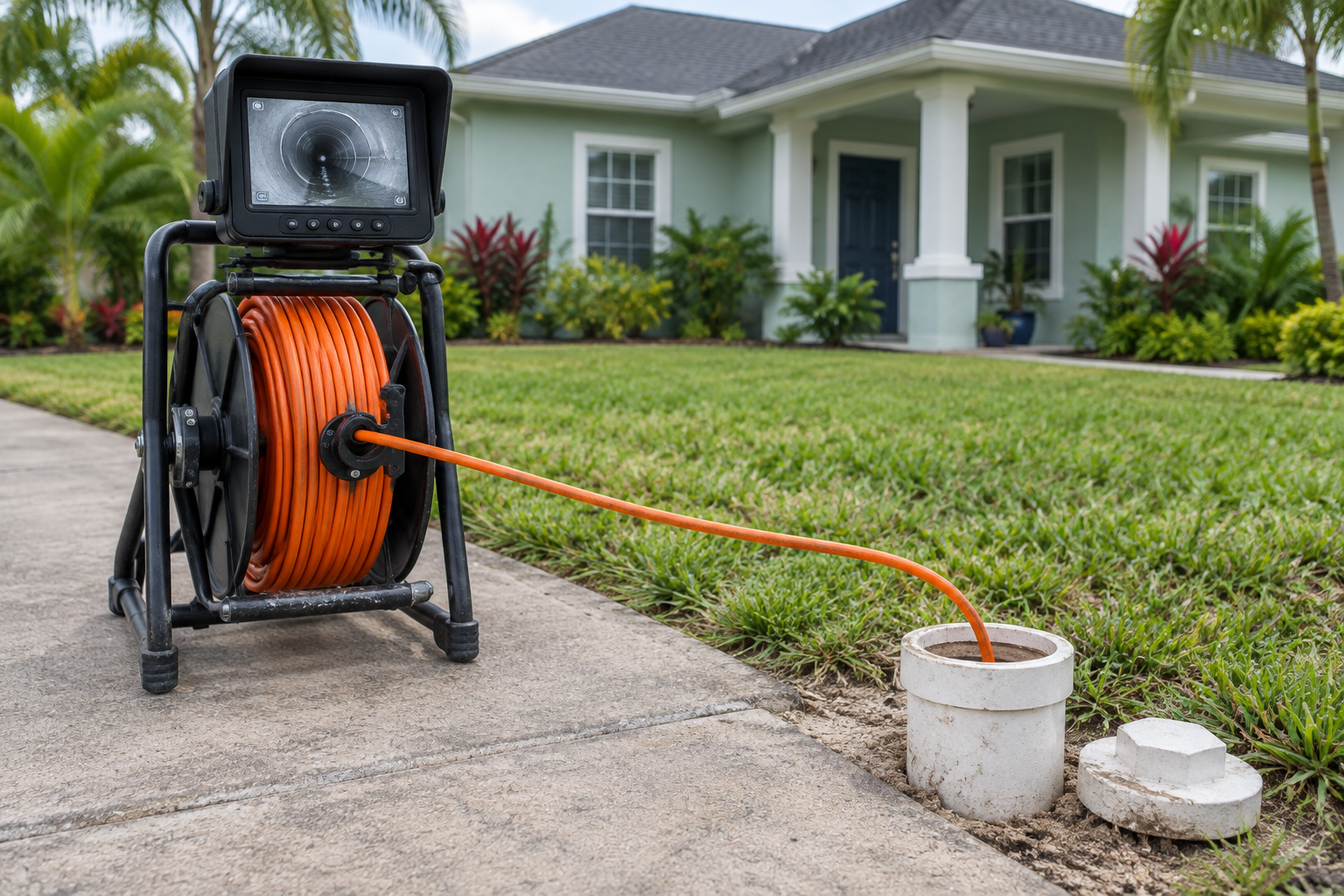 Sewer camera reel on the walkway with the cable feeding into an open cleanout at a Davie home