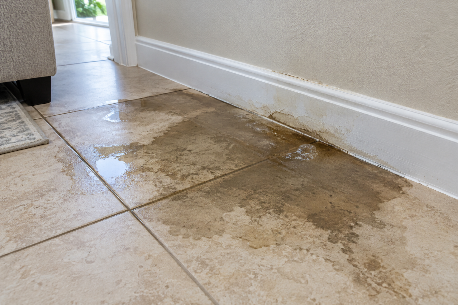 Wet tile flooring with water pooling and a swollen, peeling baseboard at the wall in a Davie home, the visible sign of a leak under the slab
