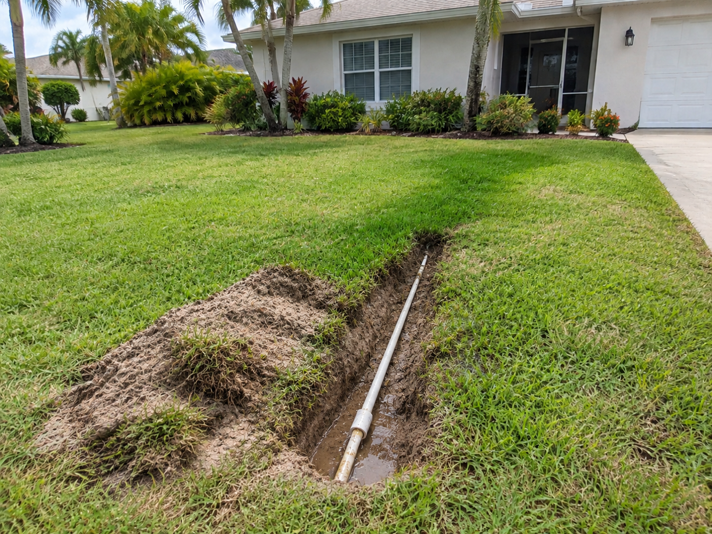 Open trench dug over the traced water service line in a front lawn, with the exposed pipe sitting in the wet ground beside the excavated soil