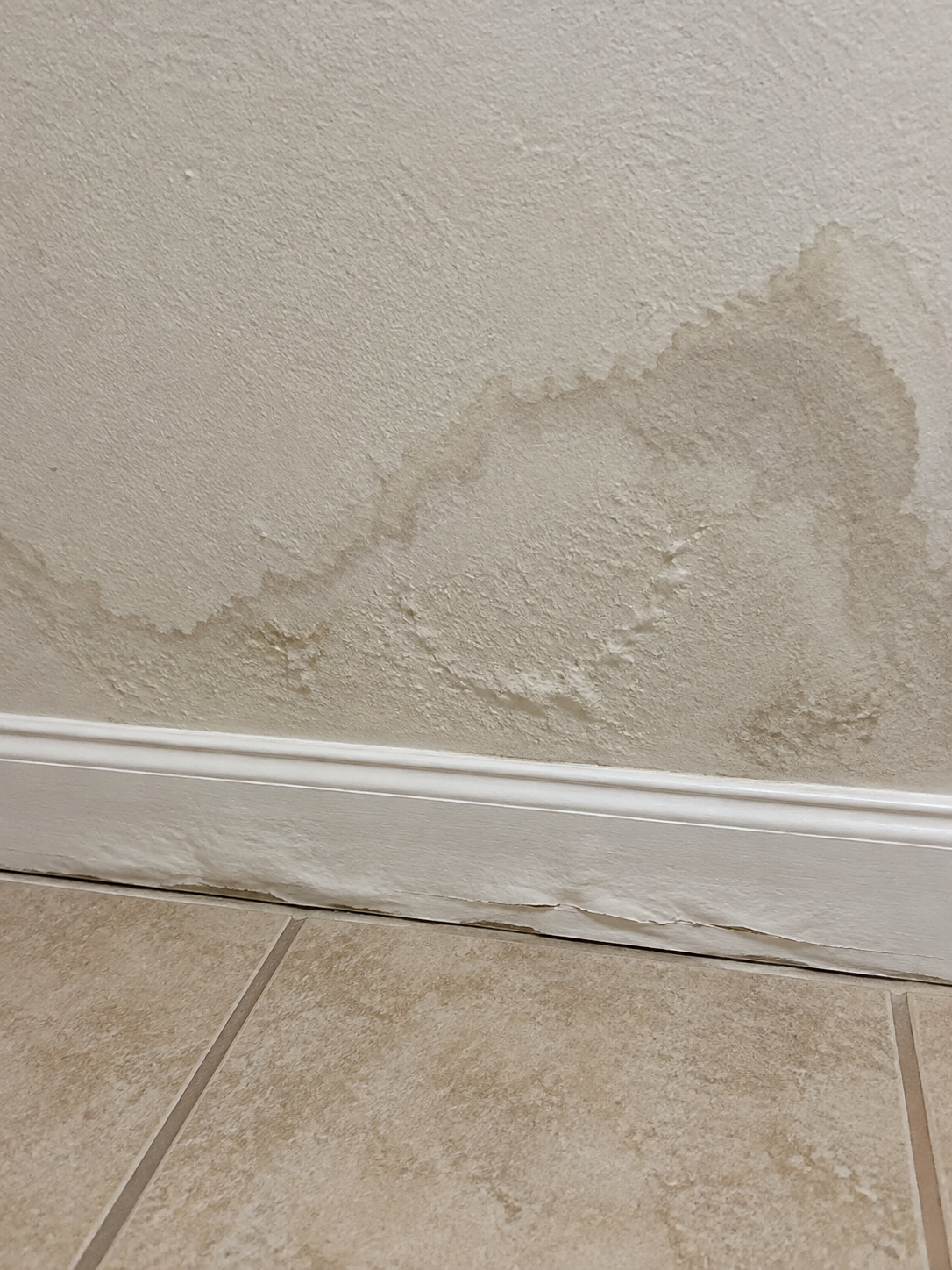 Water stain spreading across drywall with a bubbling, peeling baseboard above a tile floor in a Davie home