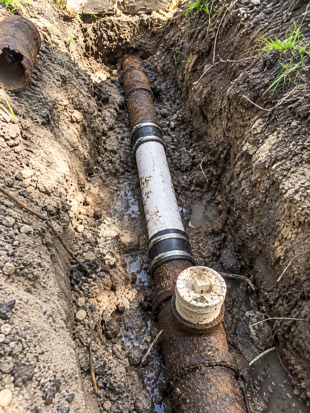 Failed cast iron drain section replaced with new pipe joined by shielded rubber couplings in an open trench