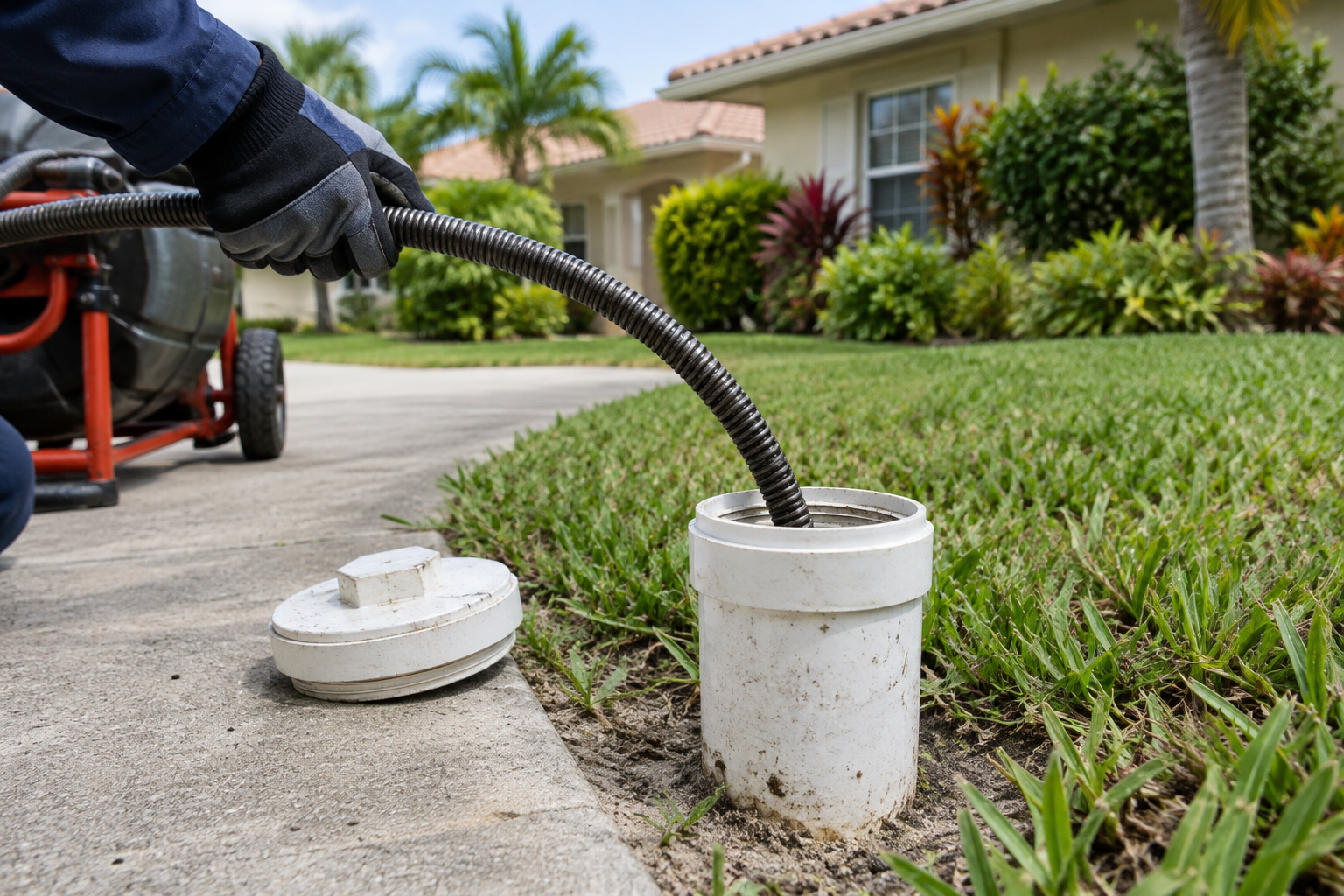 Plumber feeding a drain cleaning cable from the machine into an open sewer cleanout beside a Davie home