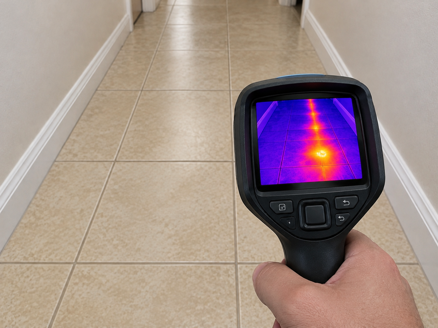 Close view of the thermal camera screen narrowing a hot-side slab leak to a single bright hot spot at the base of a wall