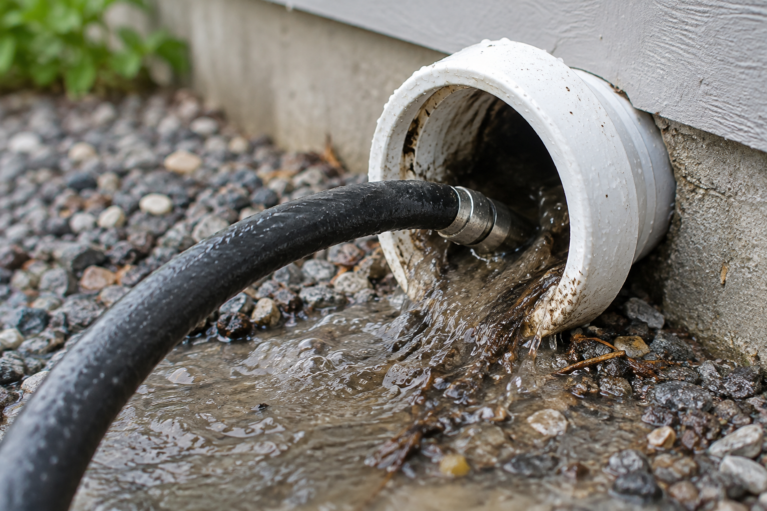 Hydro jetting hose feeding into an outdoor cleanout while muddy water and loosened debris flush back out of the line