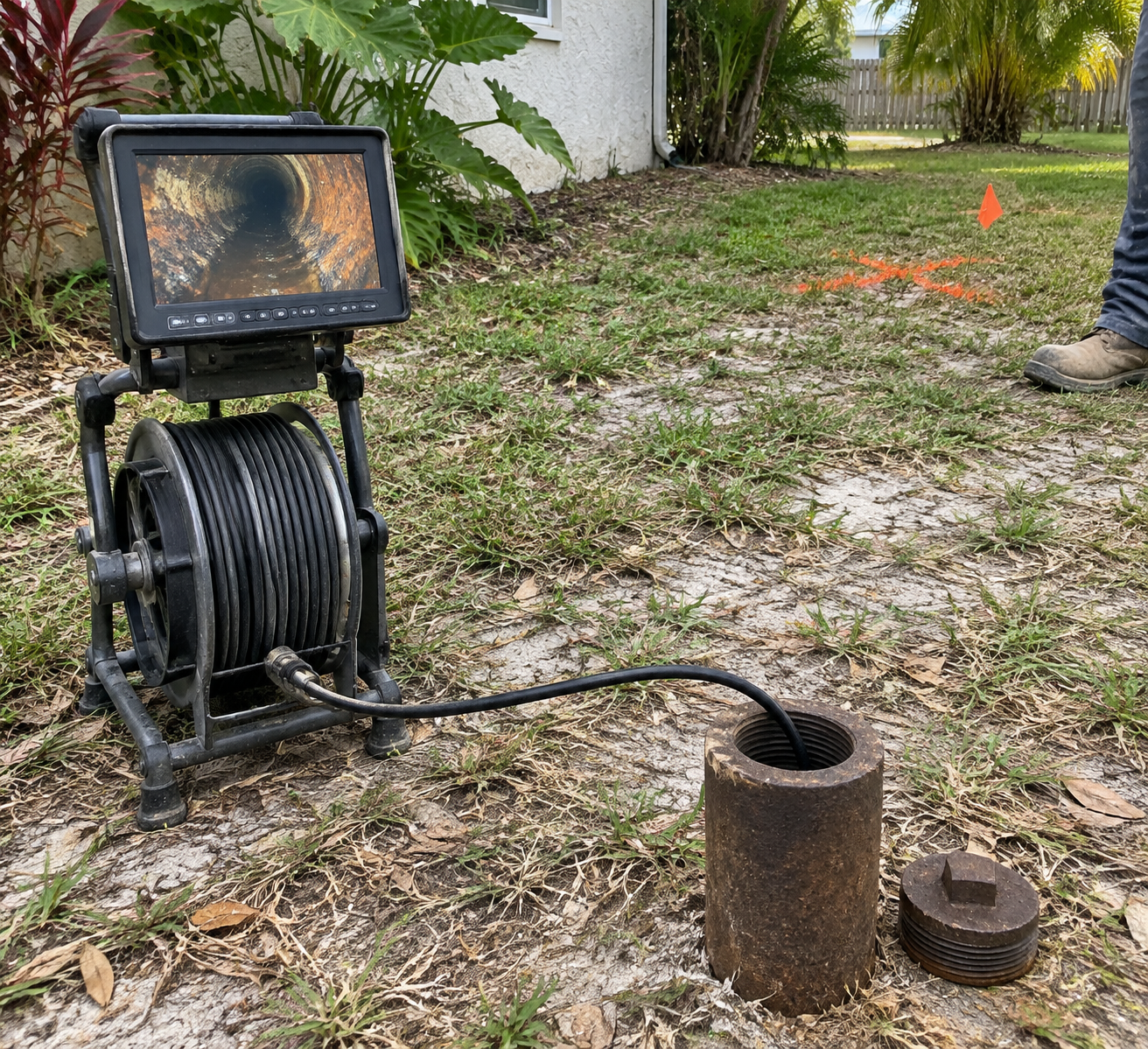 Sewer camera monitor and reel set up in a yard, with the camera cable running into an open cast iron drain pipe next to the removed pipe cap