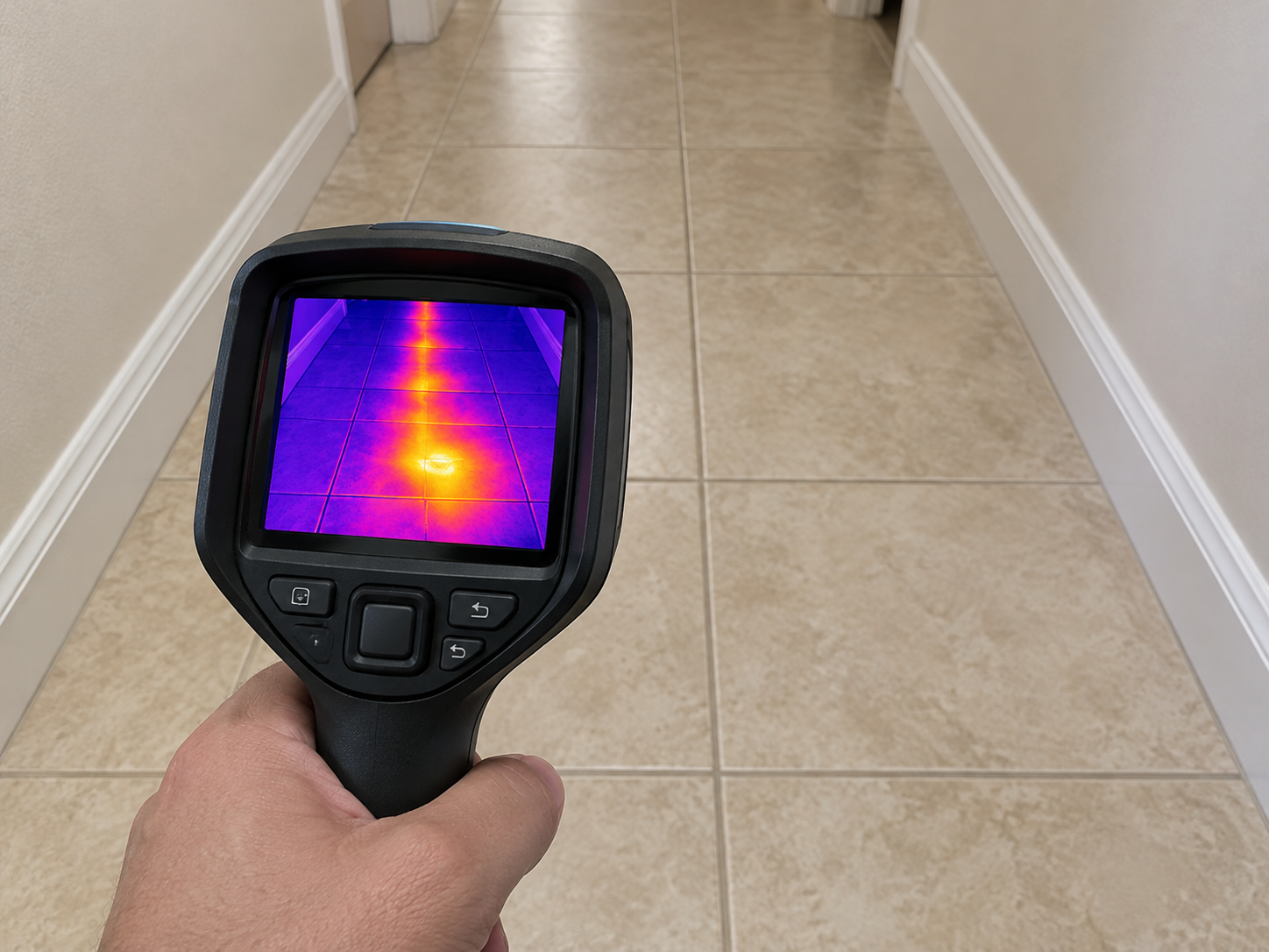 Handheld thermal imaging camera in a Davie hallway showing a hot-side slab leak as a warm streak along the tile floor