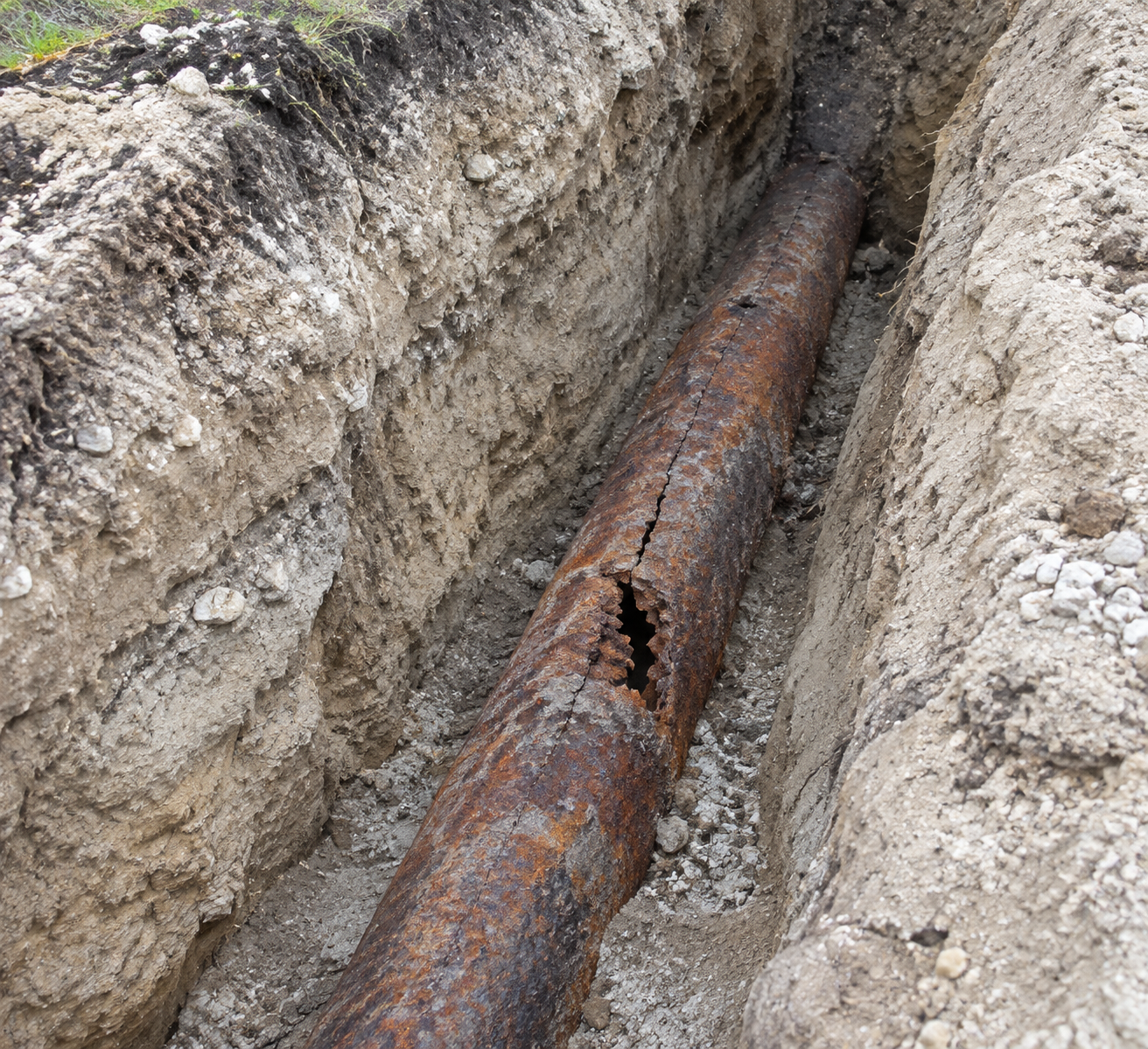 Failed cast iron drain pipe exposed in an open trench, with a jagged break and a longitudinal crack running along the top