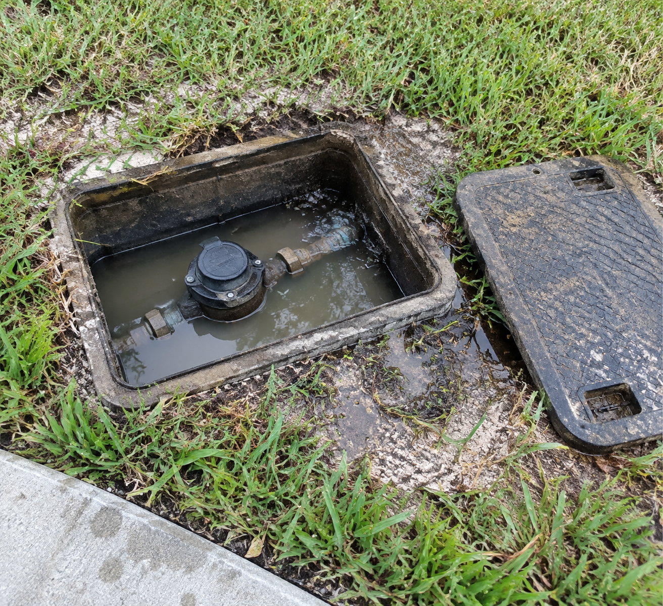 Open water meter box in a Davie lawn with the meter and pipe connections sitting in standing water, and the lid set on the grass beside it
