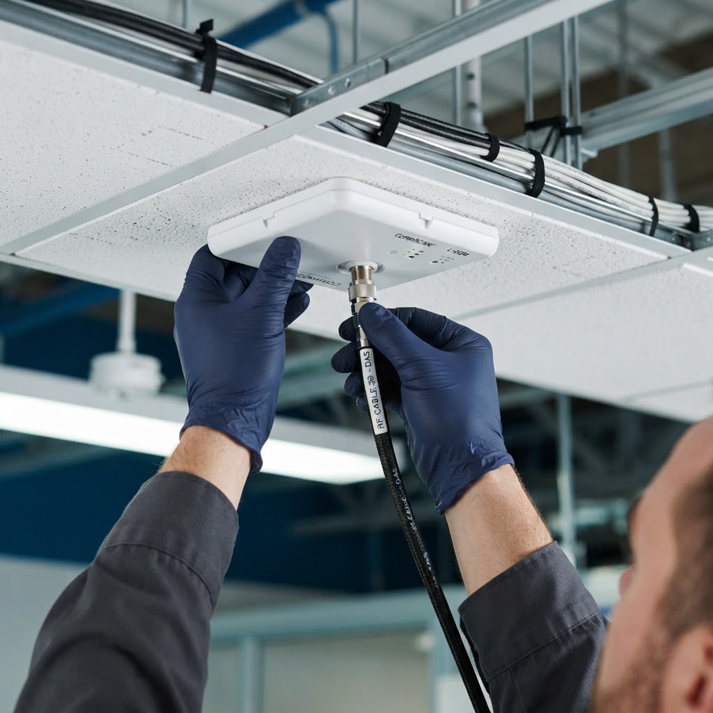 Technician installing a distributed antenna system panel