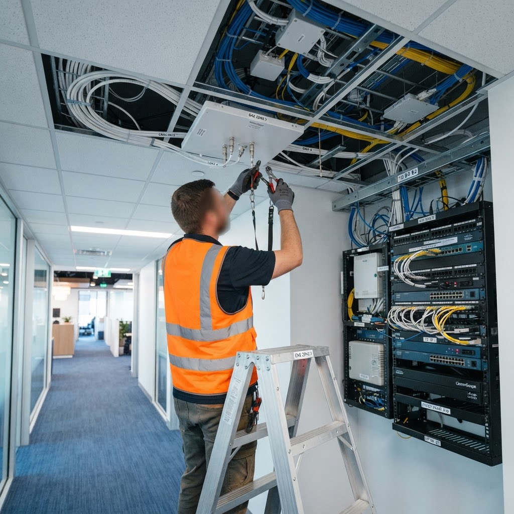 Technician installing a distributed antenna system in a commercial building