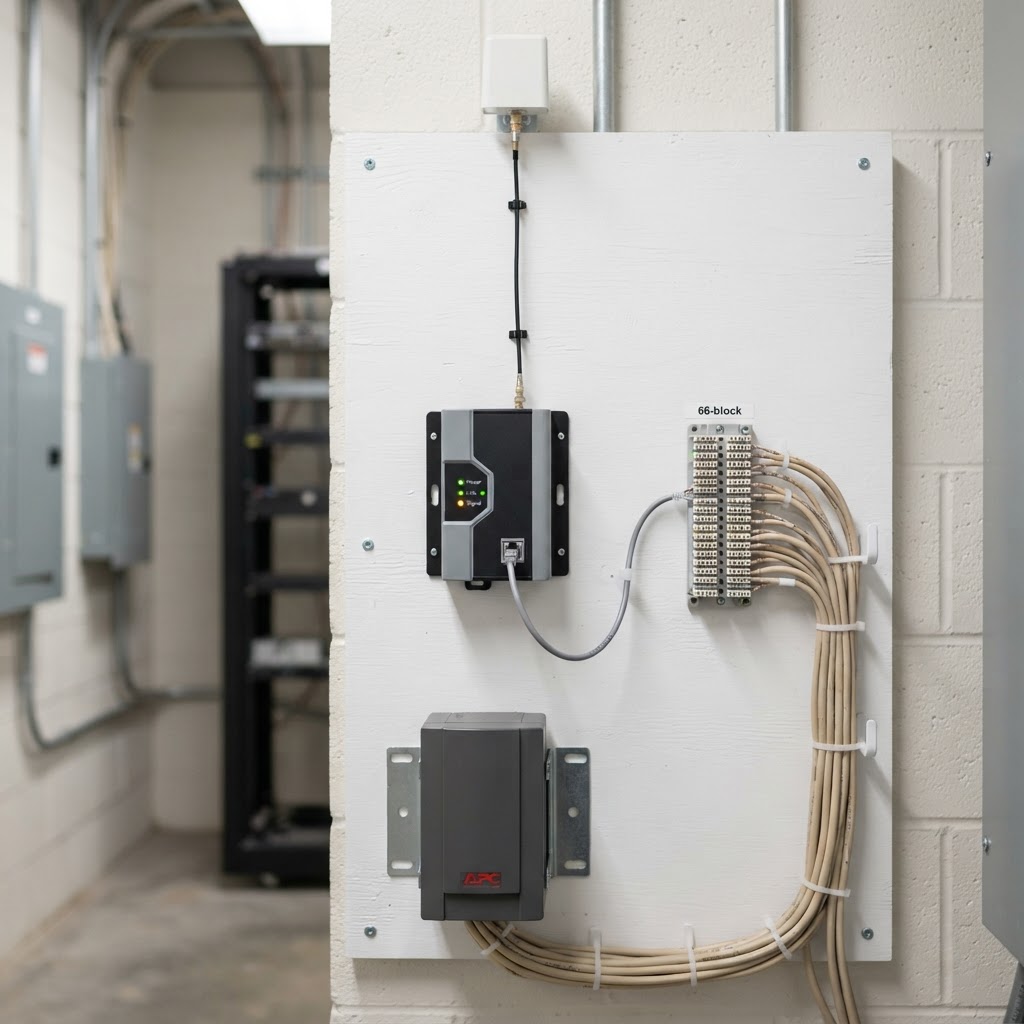 Commercial POTS replacement: cellular communications device with analog telephone wiring and battery backup mounted on a telecommunications backboard