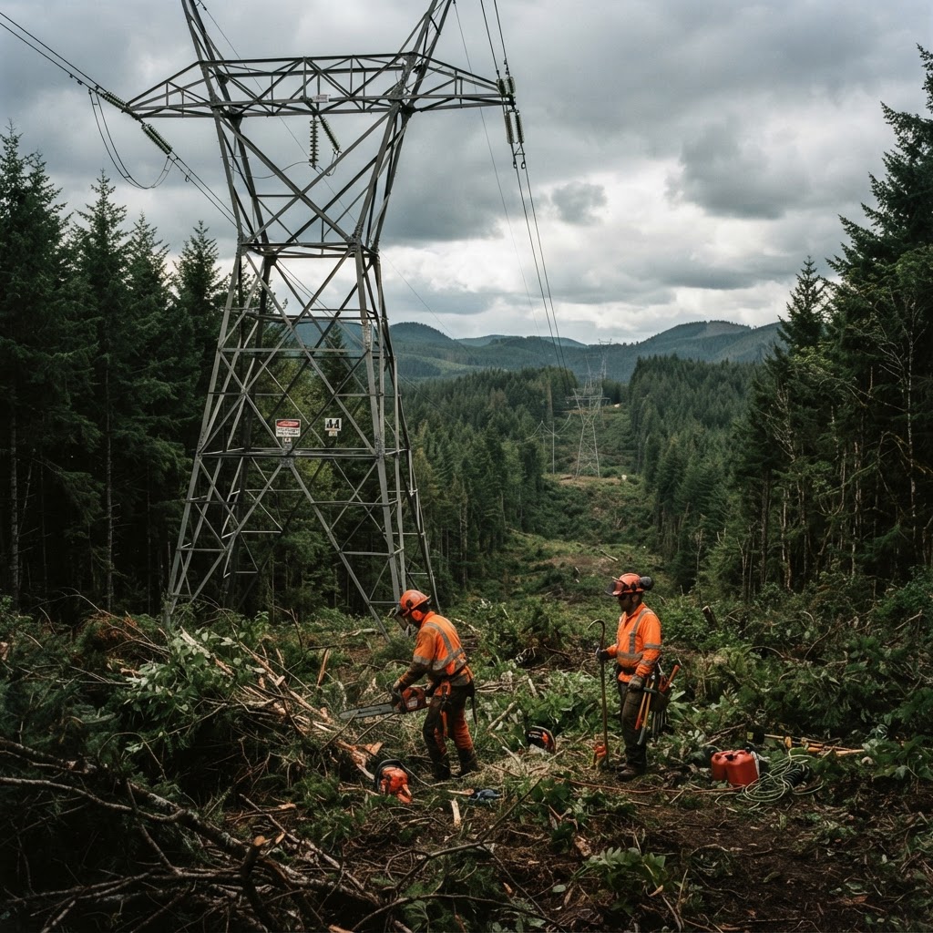 Power lines through forested vegetation