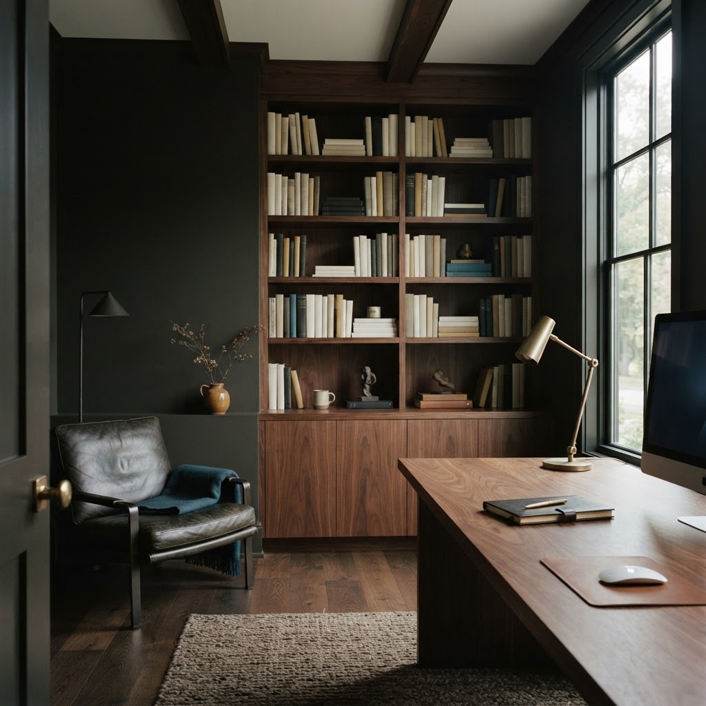 A warm walnut study with a considered, contemporary workspace