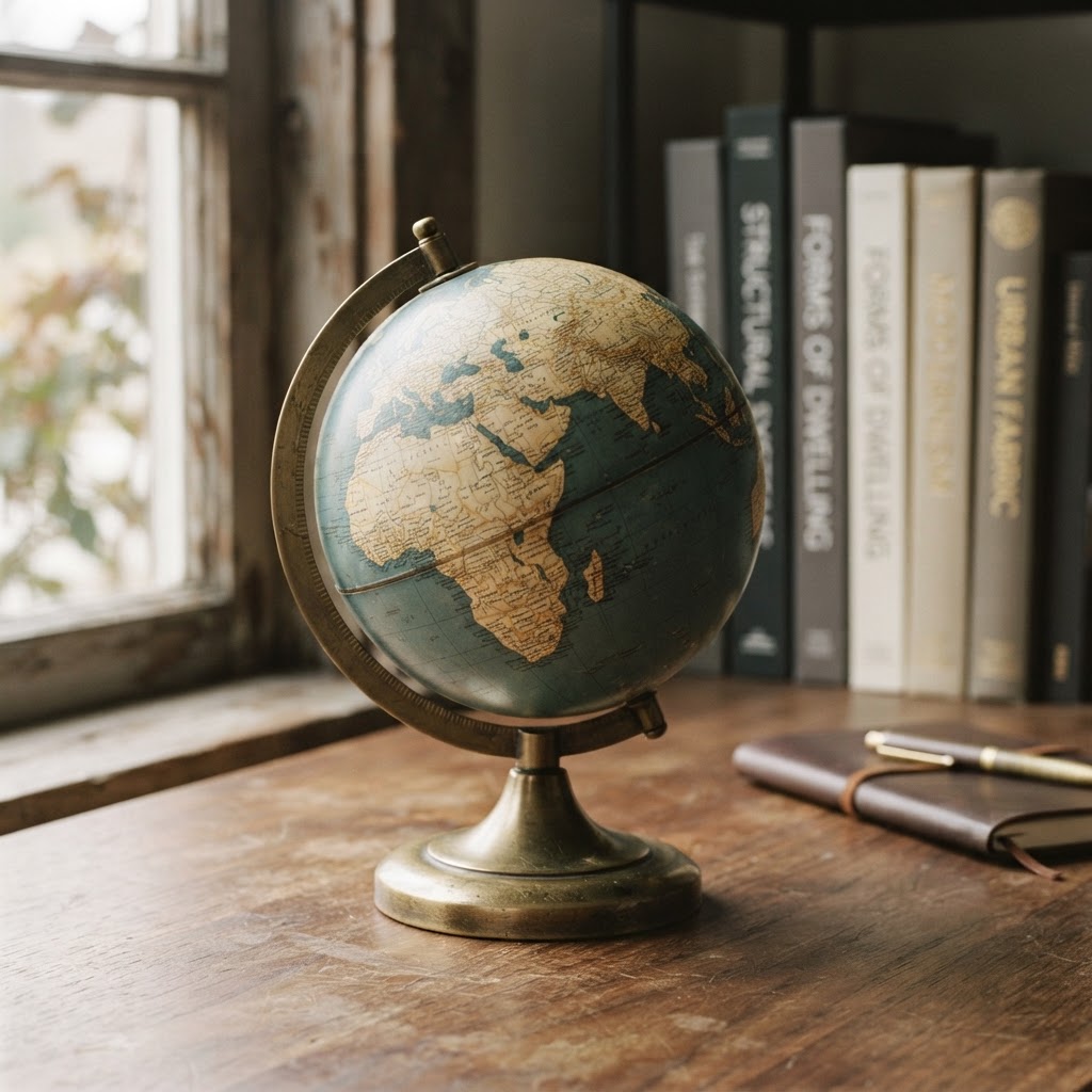 An antique brass globe in a contemporary study