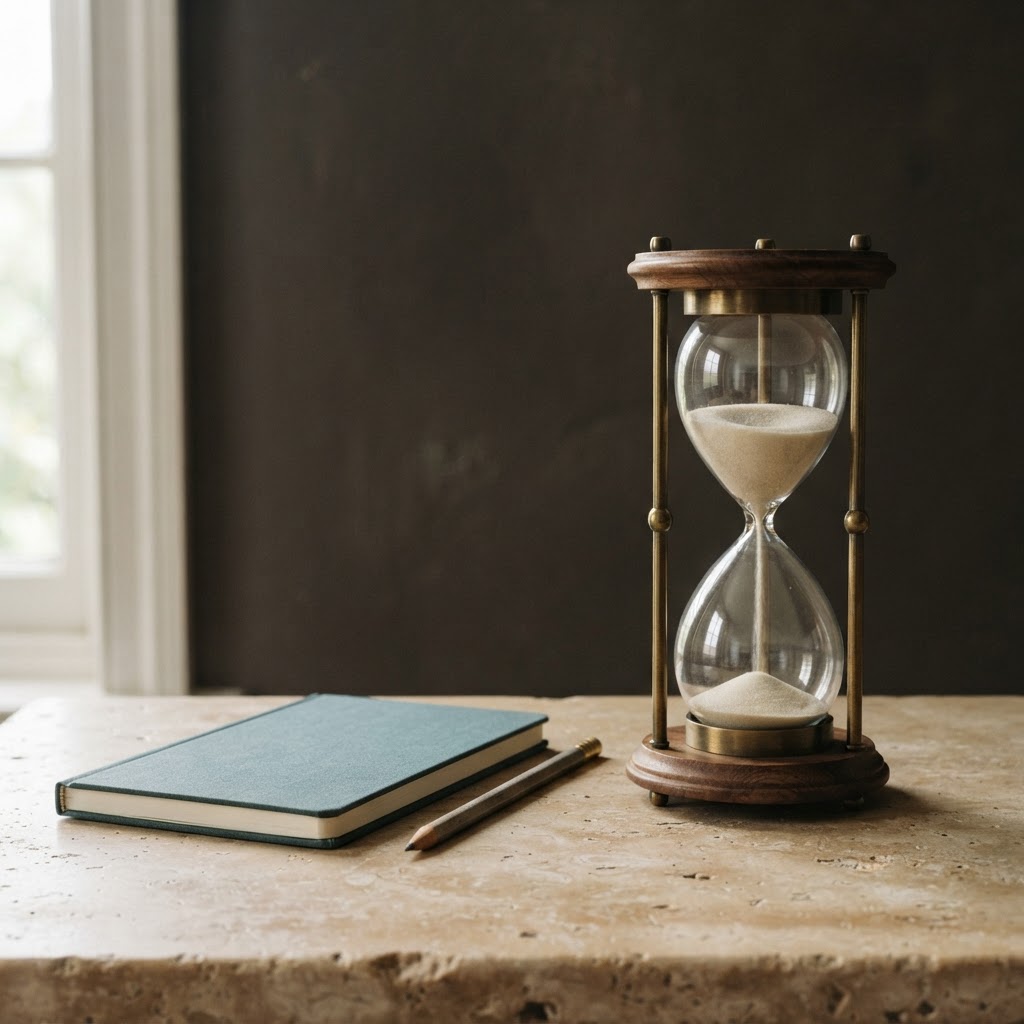A brass hourglass beside a notebook, a study in considered execution