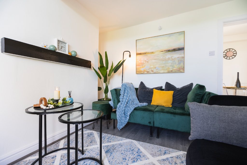 Green sofa and living room