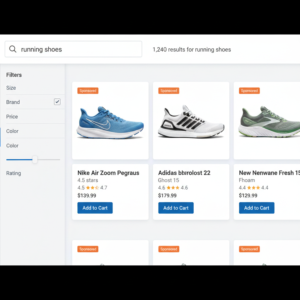 E-commerce search results showing sponsored product placements