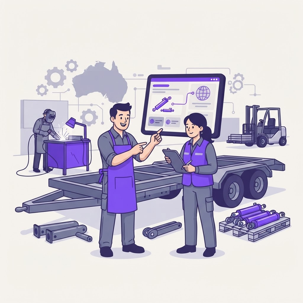 A cartoon illustration showing an AI procurement agent successfully managing hydraulic cylinder sourcing for an Australian manufacturer.