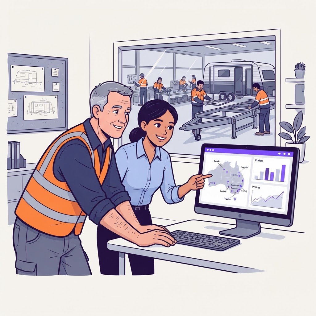 A procurement manager and production director collaborating on an AI sourcing dashboard in an Australian caravan manufacturing facility.