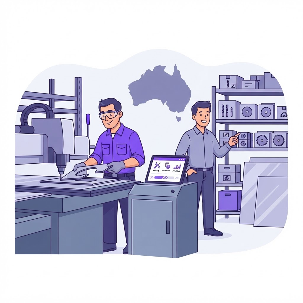 An AI-powered sourcing agent assisting a busy Australian manufacturing procurement manager in an industrial factory setting.