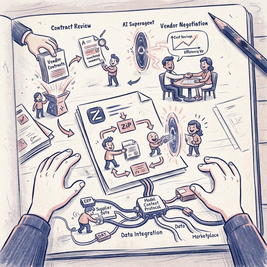 Cartoon illustration representing: Zip Launches AI Superagents to Automate Enterprise Procurement Workflows