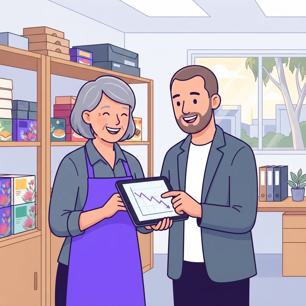 Bakery owner and procurement manager reviewing packaging supply chain metrics on a tablet.