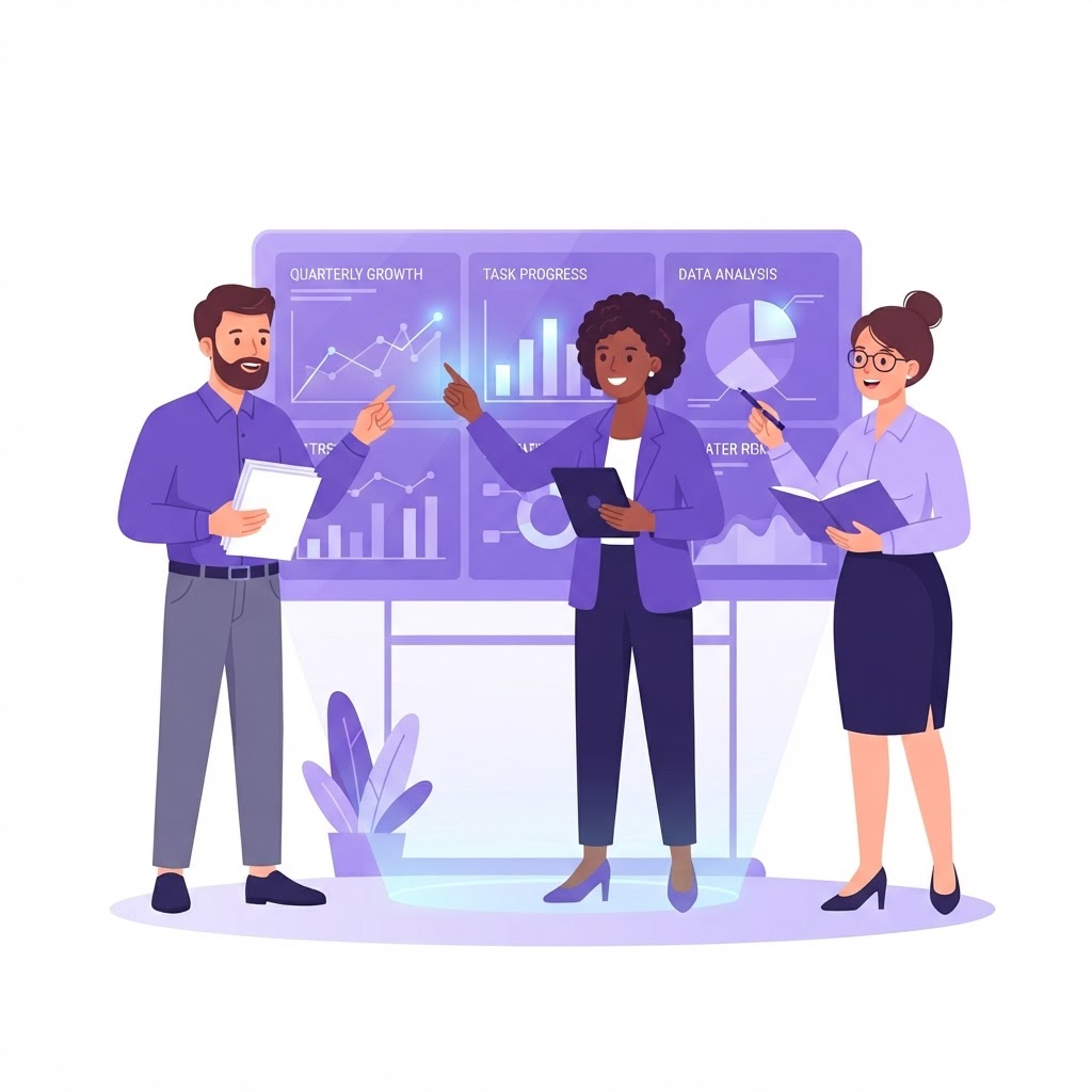 A sourcing team reviewing a dashboard together