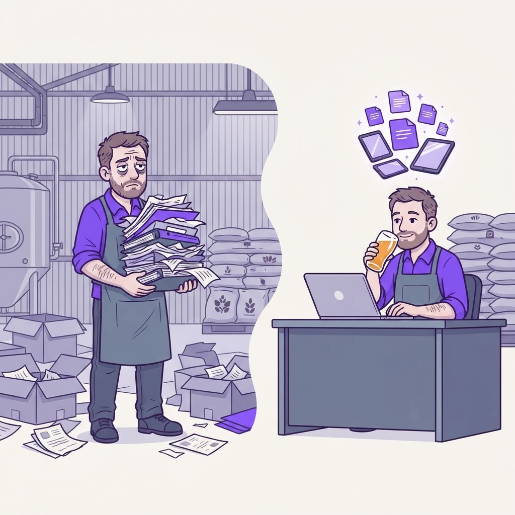 A brewery owner contrasting the stress of manual procurement with the ease of an AI-powered digital sourcing platform.