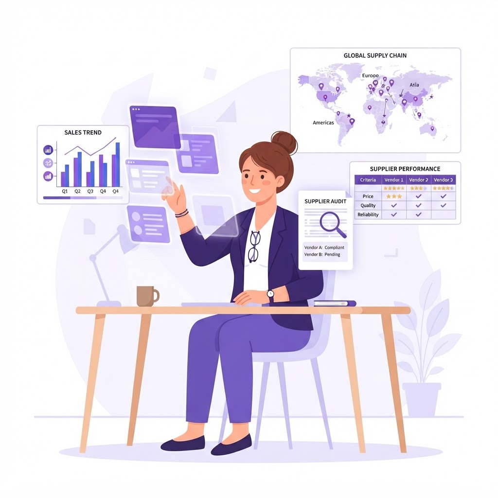 An analyst organising charts, documents, supplier maps and comparisons