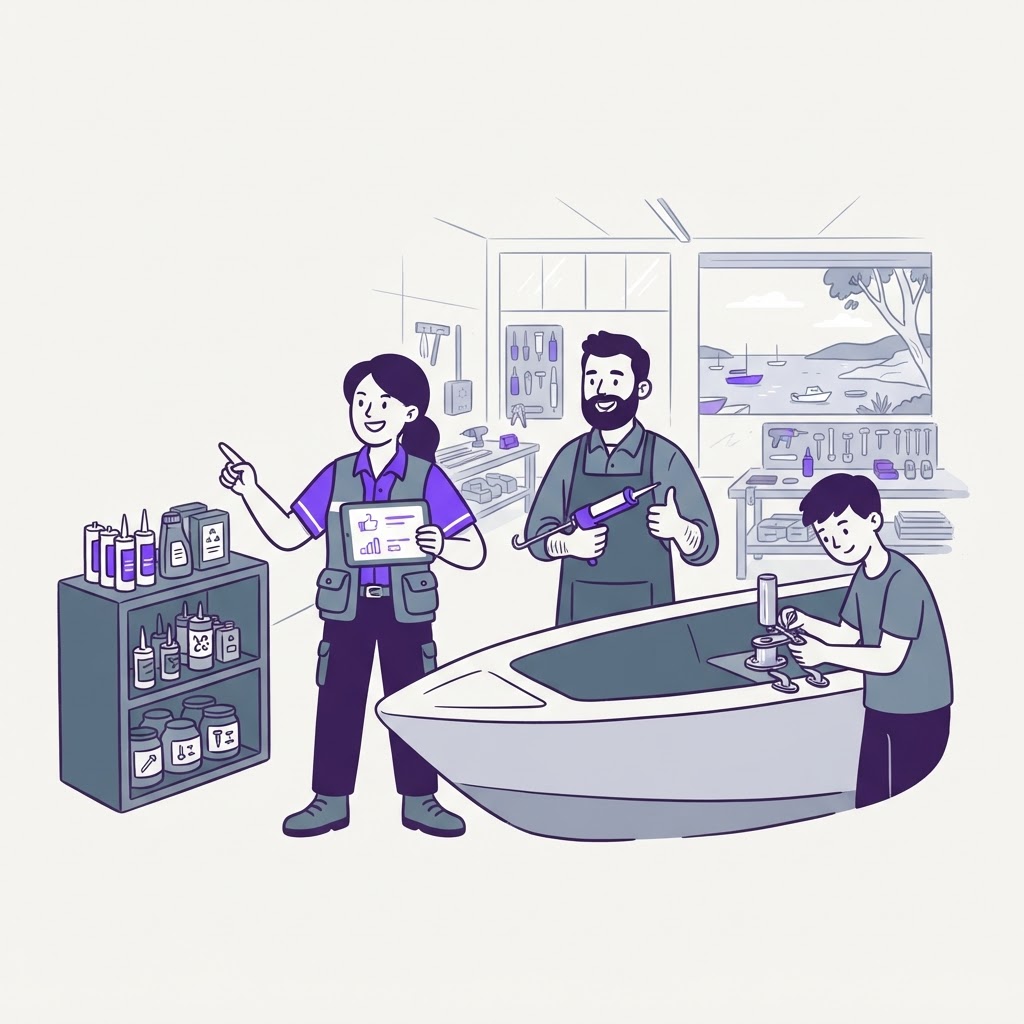 A cartoon illustration showing an Australian boat workshop manager finding relief through AI-powered procurement software.