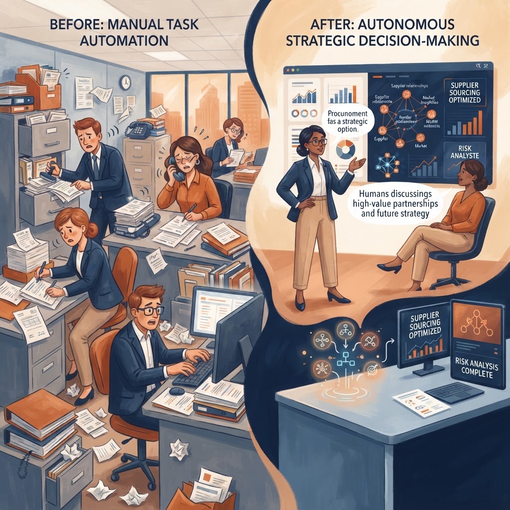 Cartoon illustration representing: Agentic AI: The Next Frontier of Strategic Procurement