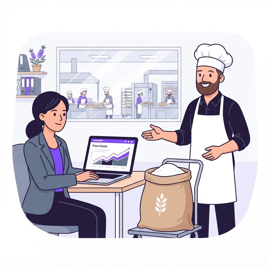 A professional procurement manager and a master baker reviewing real-time flour pricing data on a computer dashboard in an Australian bakery.