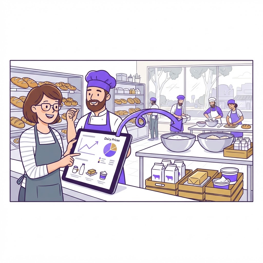 An AI agent assisting a bakery owner with dairy procurement in an Australian setting.