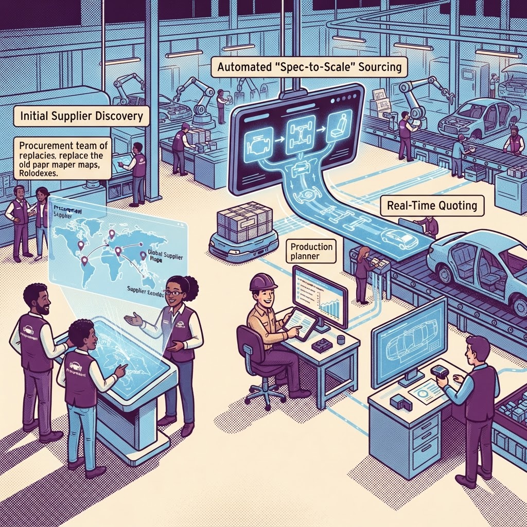 Cartoon illustration representing: Revolutionizing Automotive Procurement: How LightSource.ai Uses Agentic AI to Automate Sourcing