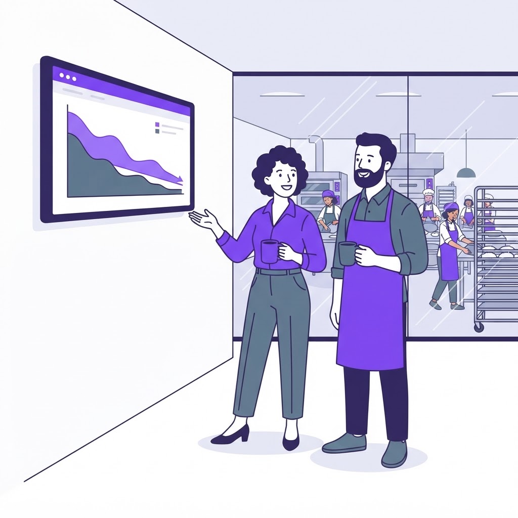 Two bakery managers reviewing an automated procurement dashboard on a large digital screen.