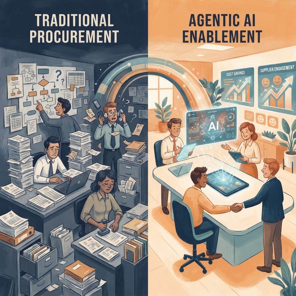 Cartoon illustration representing: Pioneering Procurement: Building Your First Agentic AI Use Case