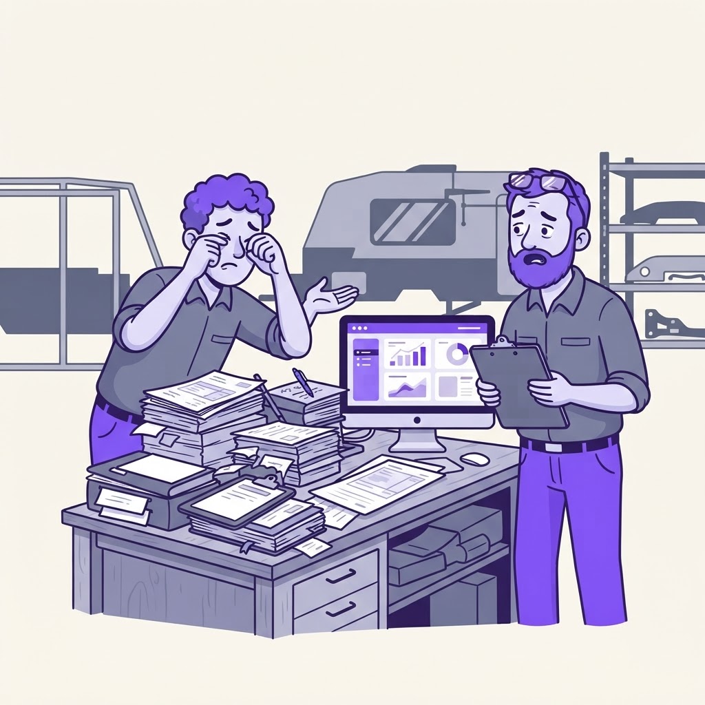 Two Australian caravan factory managers comparing messy paperwork to a streamlined digital procurement dashboard.