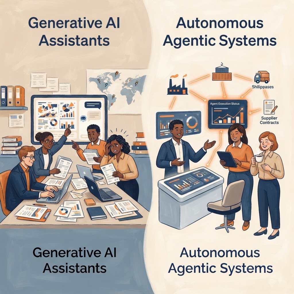 Cartoon illustration representing: From Generative to Agentic: The Next Phase of AI in Procurement