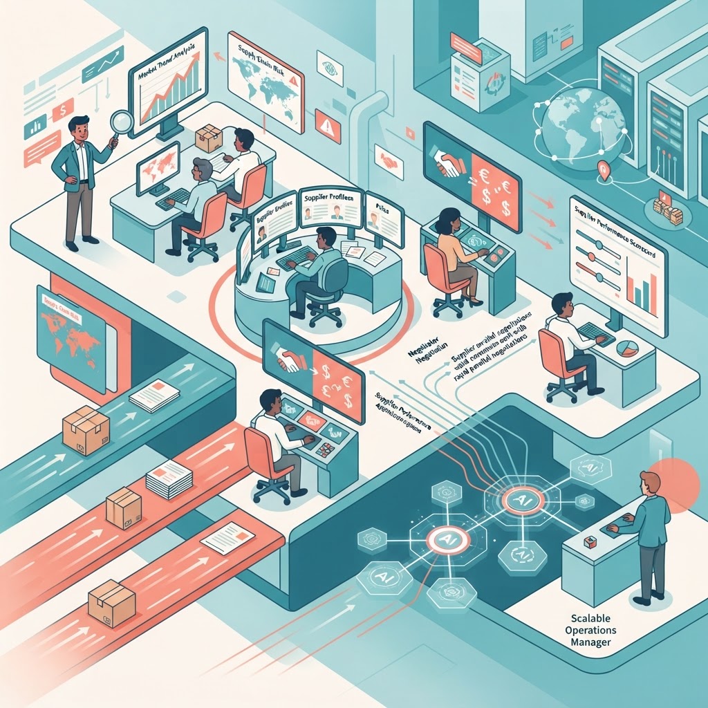 Cartoon illustration representing: Agentic AI Makes Sourcing Smarter, Faster, and Scalable