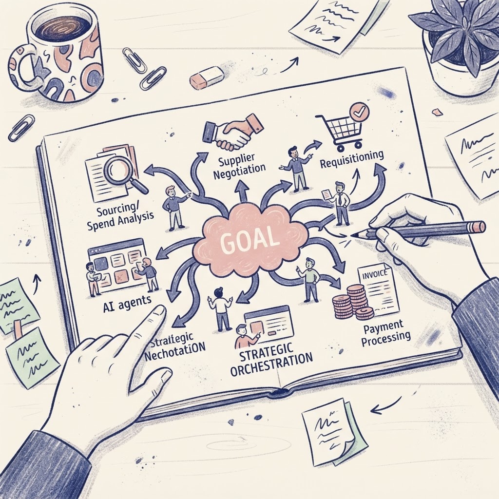 Cartoon illustration representing: The Arrival of AI Agents in Procurement – Understanding the Basics