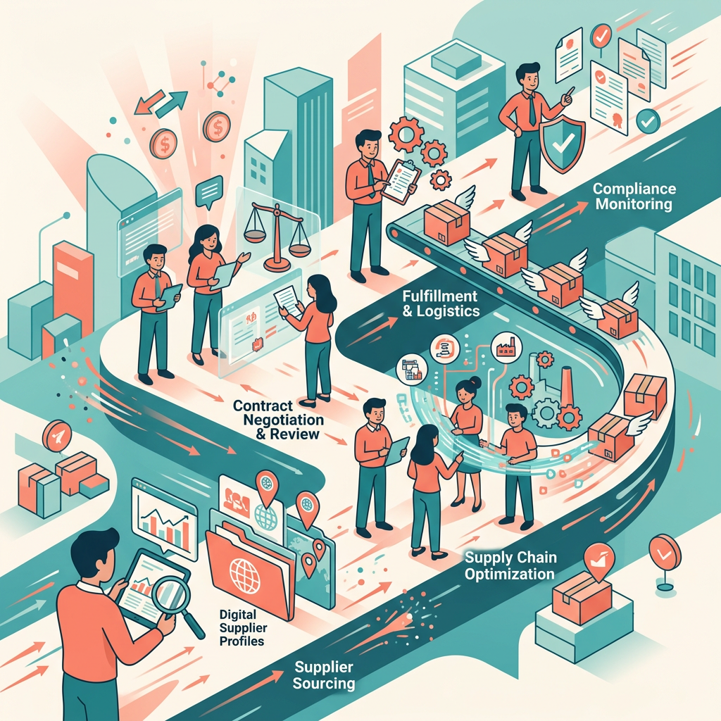 Cartoon illustration representing: How Multiagentic AI Can Remake Sourcing and Procurement