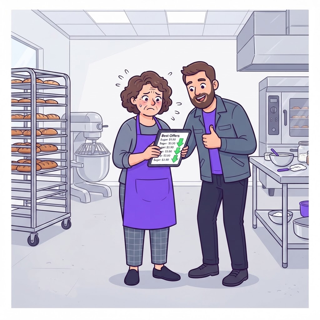 Bakery owners looking at real-time ingredient pricing on a tablet in their professional kitchen.