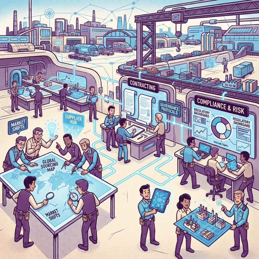 Cartoon illustration representing: The Emergence of Multiagentic AI in Sourcing and Procurement