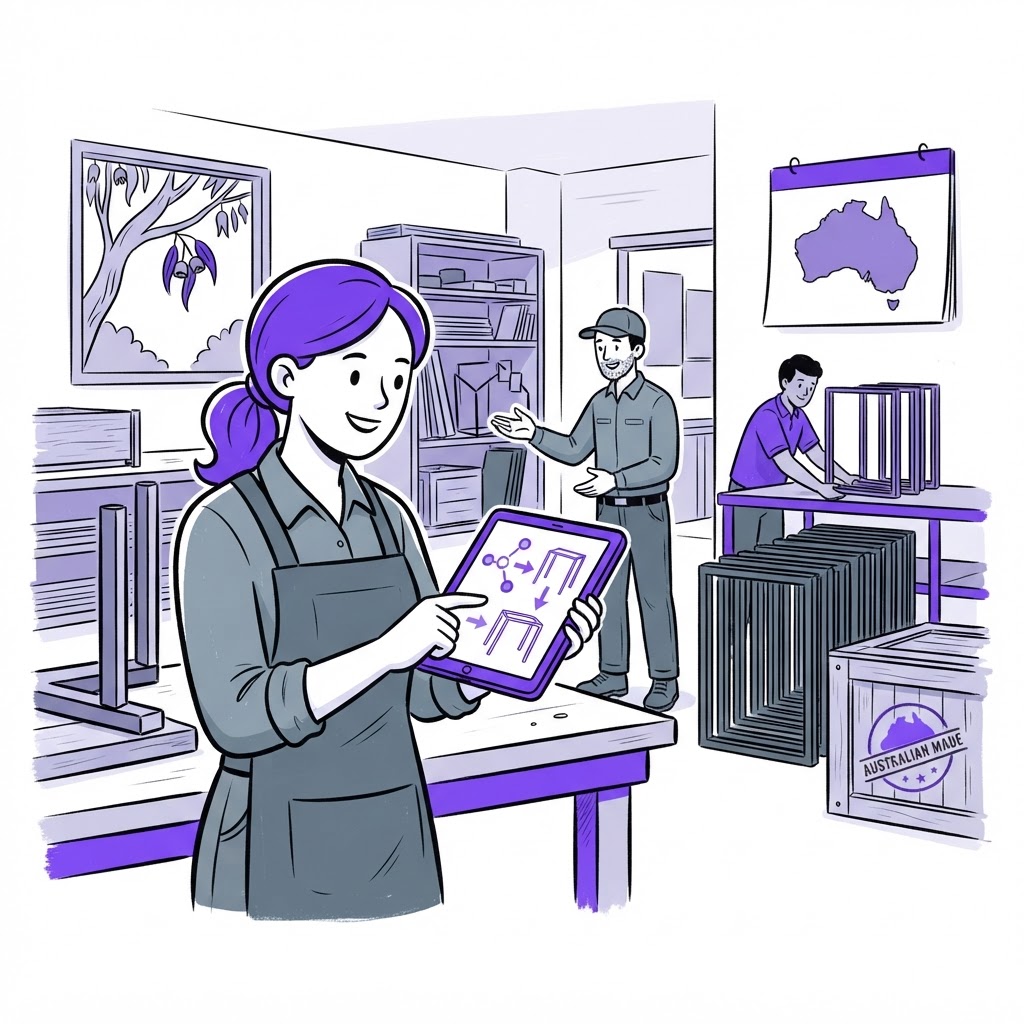 Cartoon showing the contrast between traditional manual procurement and automated agentic AI procurement in a furniture workshop.