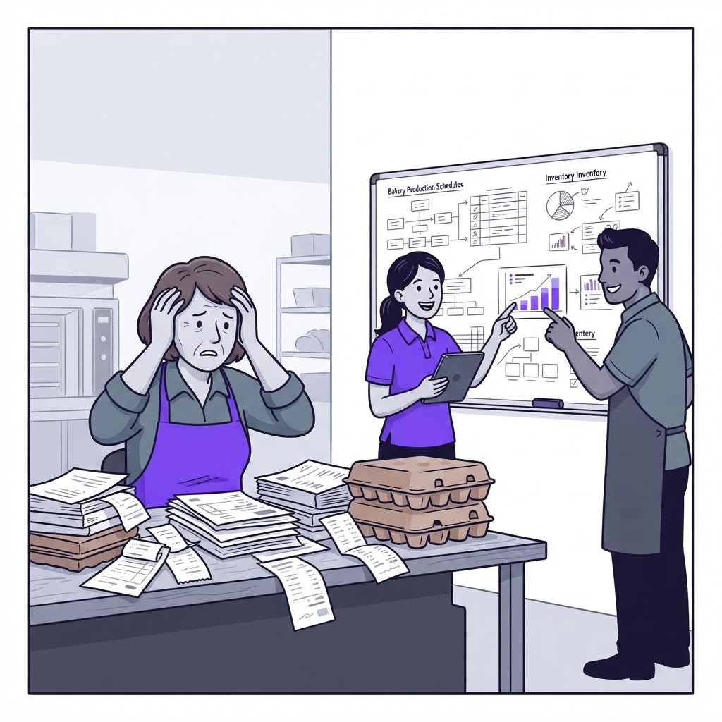 A bakery owner and procurement manager shifting from paper-based egg ordering to digital AI-powered procurement.