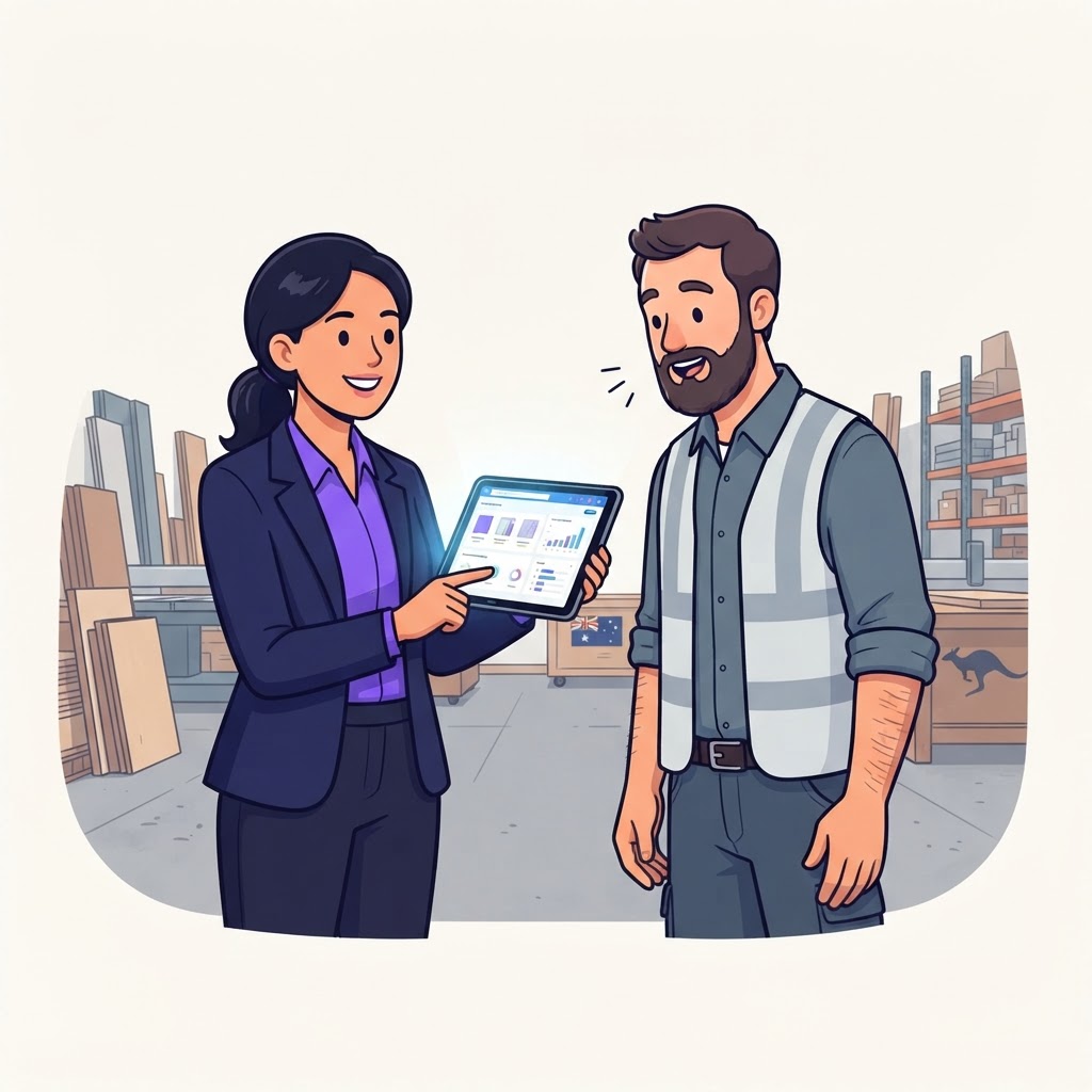 Australian caravan procurement manager using digital tools to discuss cabinetry panels with a supplier
