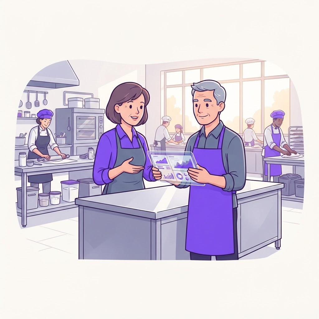Two bakery managers discussing ingredient procurement data on a digital tablet in a modern Australian bakery.