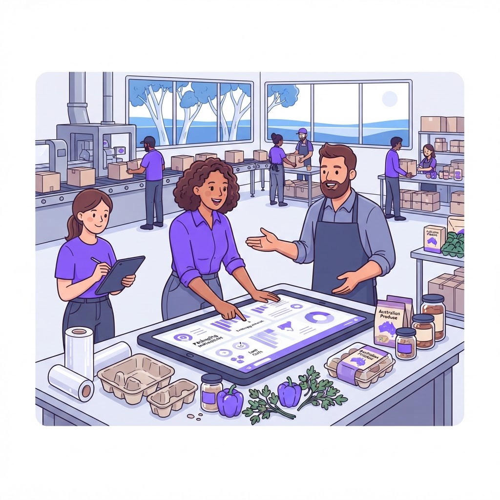 A cartoon showing a manufacturing manager using an AI agent to simplify their packaging procurement process.